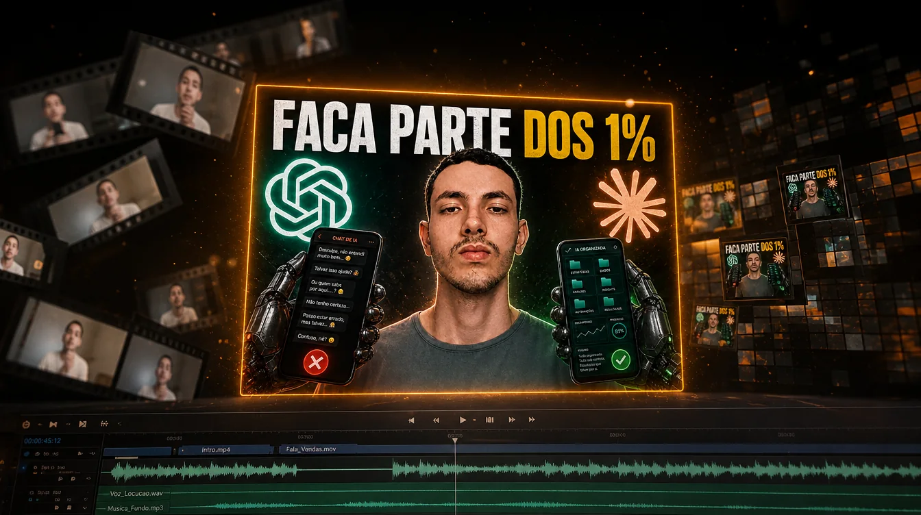 Uma gravação sendo montada: a capa do vídeo na tela e o áudio já cortado na linha do tempo